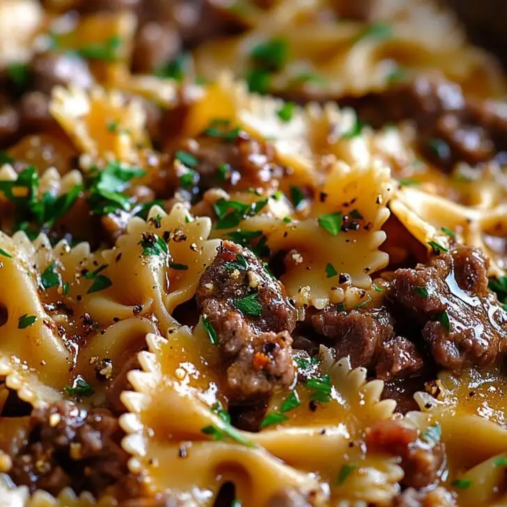 Cheesy Beef & Bowtie Pasta in Garlic Butter Recipe