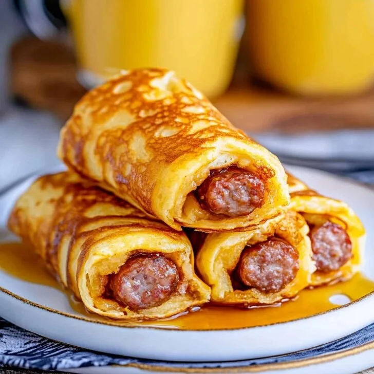 Breakfast Pigs in a Blanket (Fluffy pancakes wrapped around breakfast sausage)