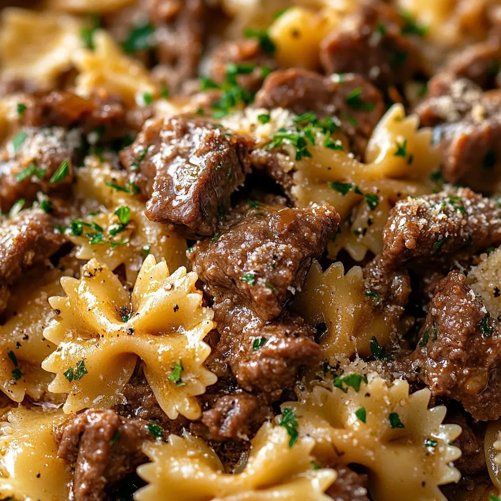 Cheesy Beef & Bowtie Pasta in Garlic Butter