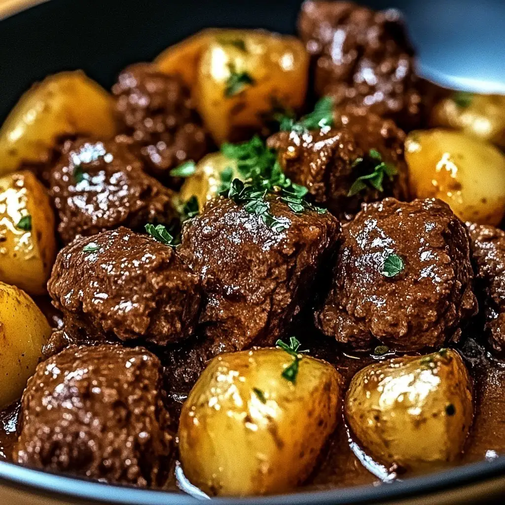 Slow Cooker Garlic Butter Beef Bites & Potatoes