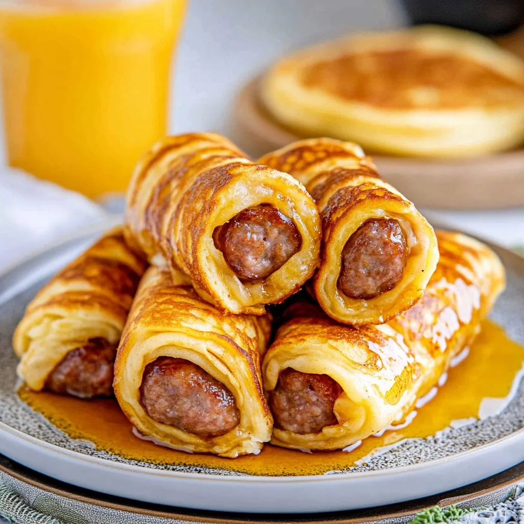 Breakfast Pigs in a Blanket (Fluffy pancakes wrapped around breakfast sausage)