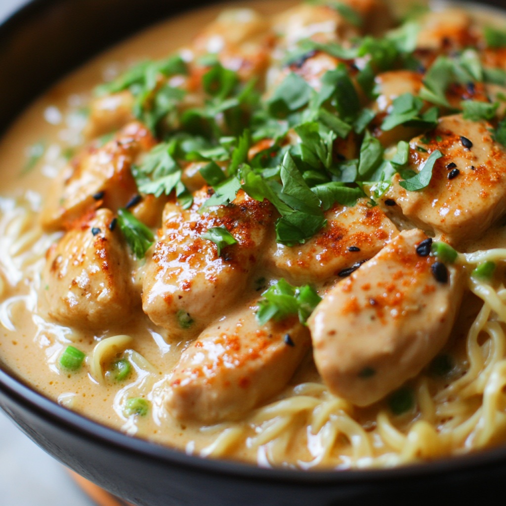 Fiery Chicken Ramen with Creamy Garlic Sauce