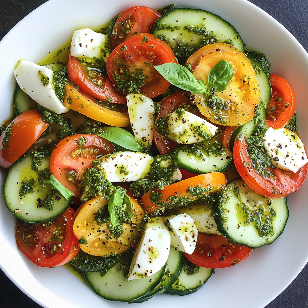 Spring Salad Tomato Cucumber Salad with Avocado Mozzarella and Basil Pesto