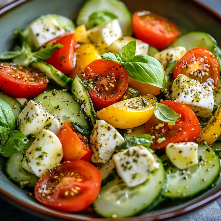 Spring Salad Tomato Cucumber Salad with Avocado Mozzarella and Basil Pesto