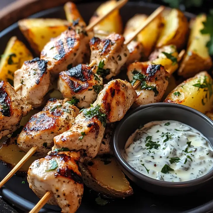 Tzatziki Chicken Skewers and Crispy Herb Feta Fries: A Flavorful, Mediterranean-Inspired Meal
