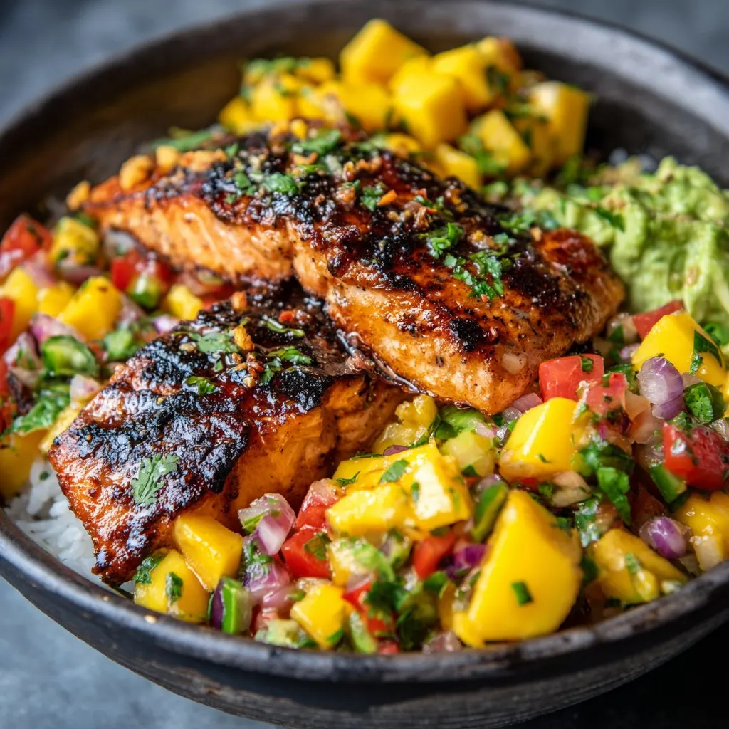 BBQ Salmon Bowls with Mango-Avocado Salsa