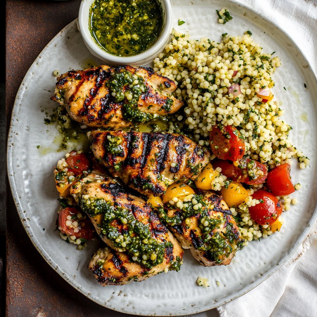 Grilled chimichurri chicken with couscous summer salad