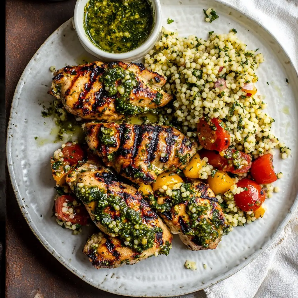 Grilled chimichurri chicken with couscous summer salad