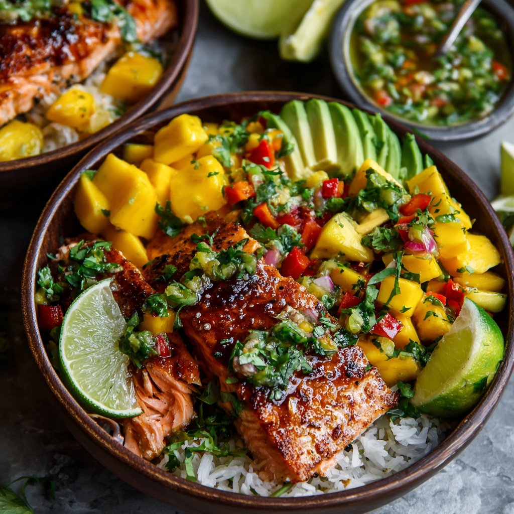 BBQ Salmon Bowls with Mango-Avocado Salsa