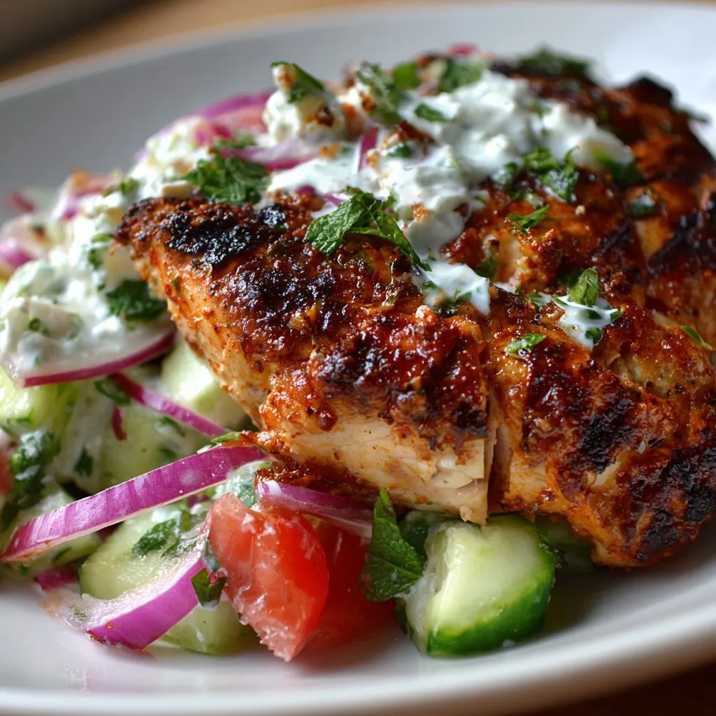 Spicy Mediterranean Chicken with Creamy Cucumber Salad Recipe Spicy Mediterranean Chicken with Creamy Cucumber Salad