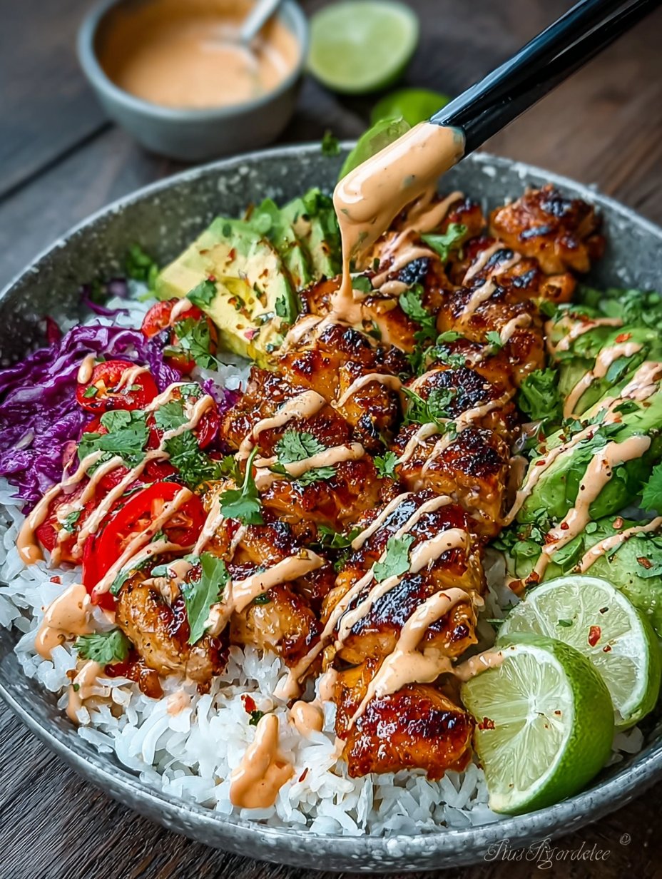 Sweet Chili Chicken Bowl with Coconut Lime Drizzle Recipe Sweet Chili Chicken Bowl with Coconut Lime Drizzle