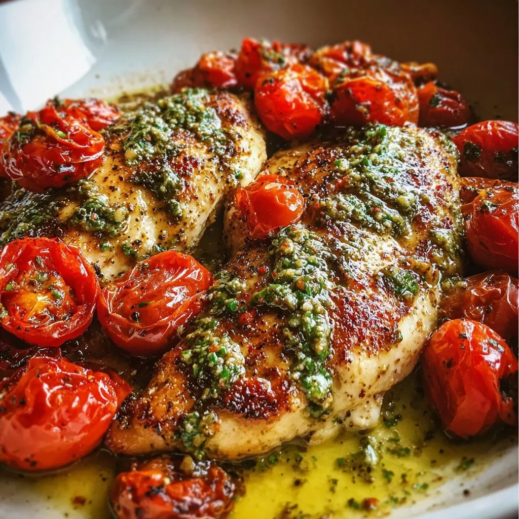 Creamy Pesto Chicken with Roasted Tomatoes