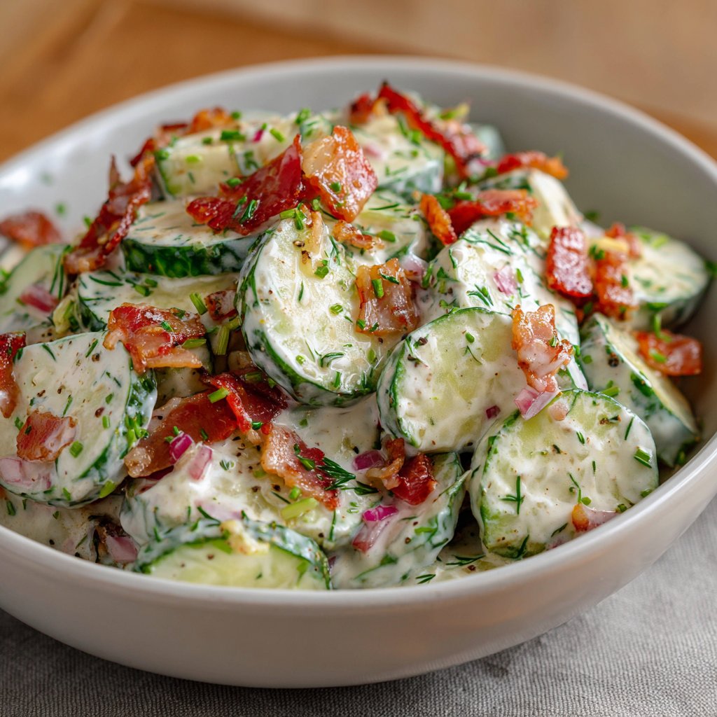Creamy Cucumber Salad with Bacon and Cheese