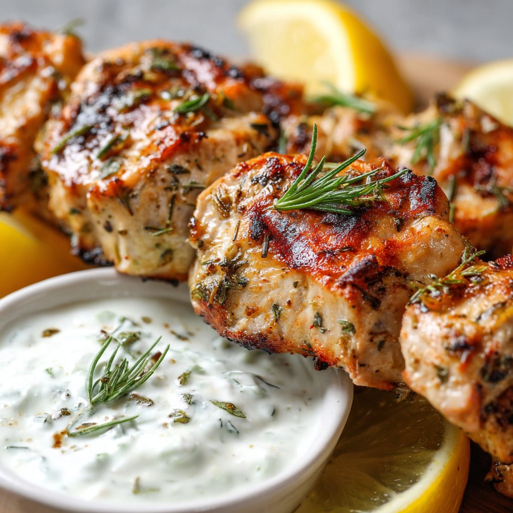 Grilled Lemon Herb Chicken Skewers with Yogurt Dip