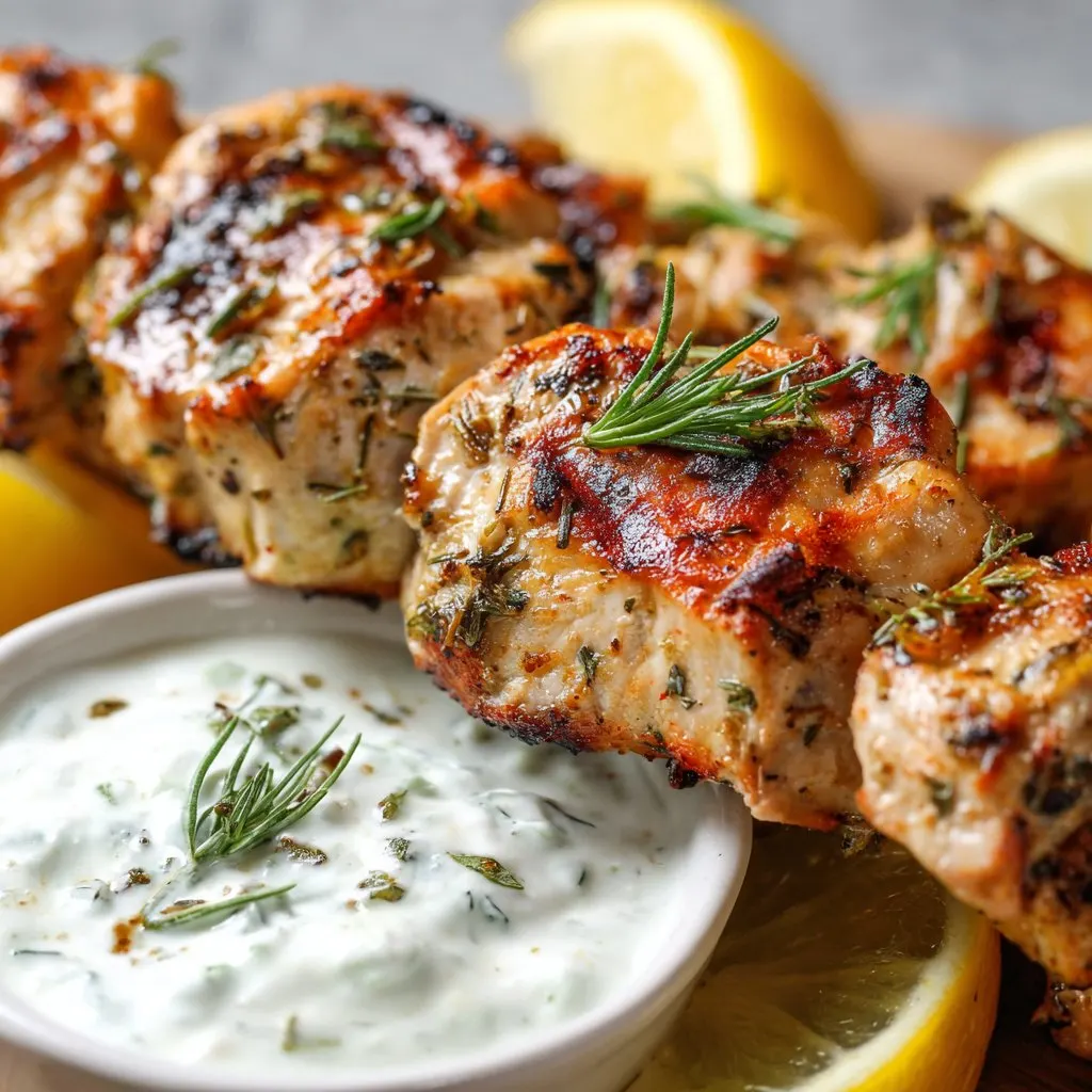 Grilled Lemon Herb Chicken Skewers with Yogurt Dip