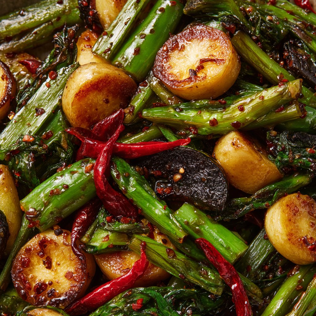 Blistered Vegetables with Scallion Oil