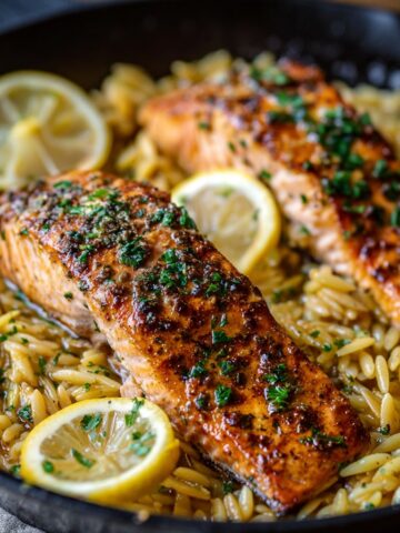 One Skillet Salmon with Lemon Garlic Orzo