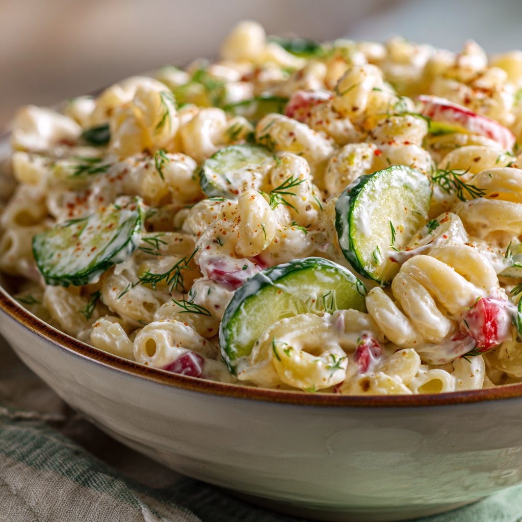 Macaroni Salad with Pickles and Creamy Mayo Dressing