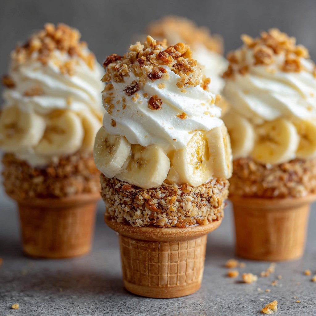 Banana Pudding Cheesecake Cones with Crunch Topping