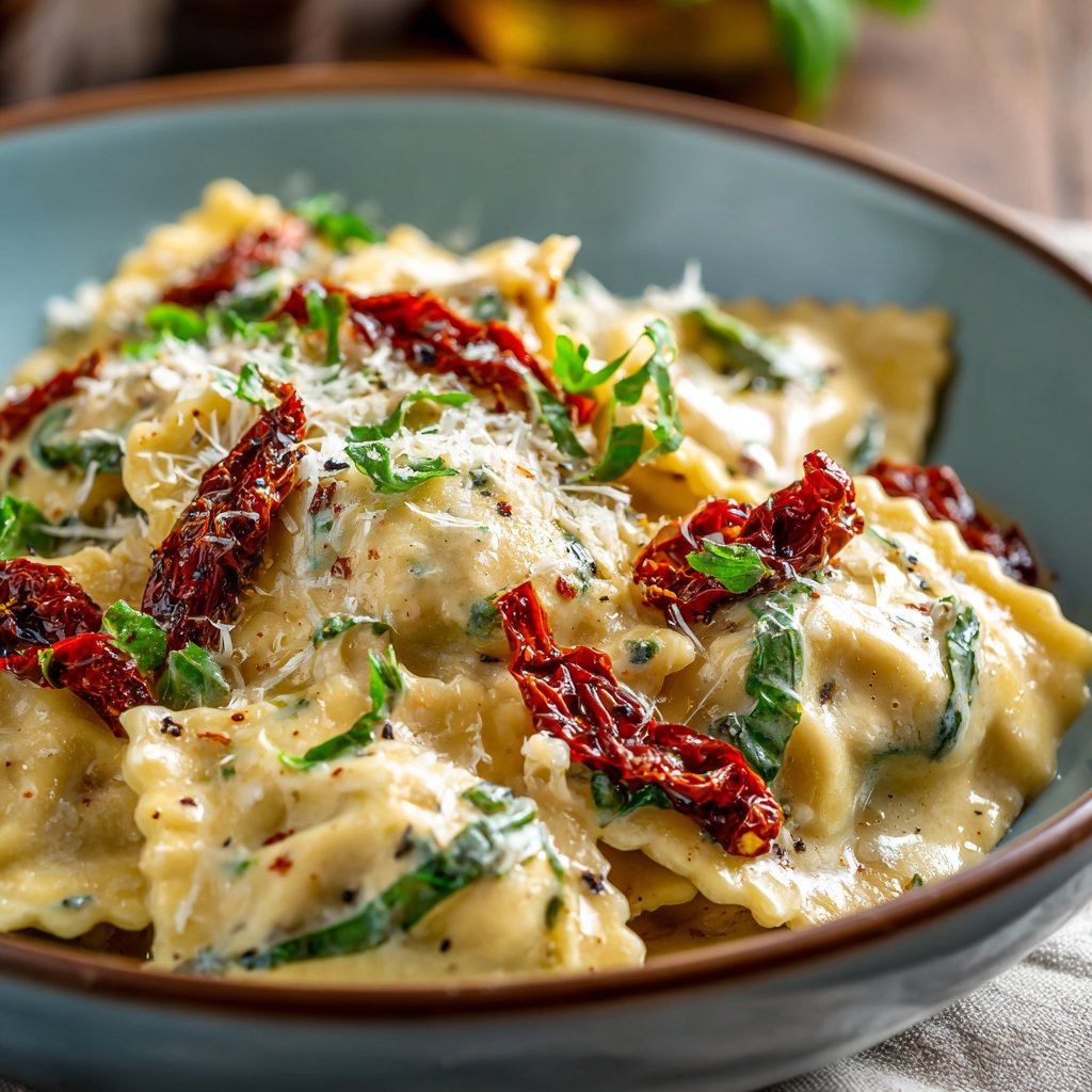 Creamy Tuscan Ravioli with Sun-Dried Tomatoes