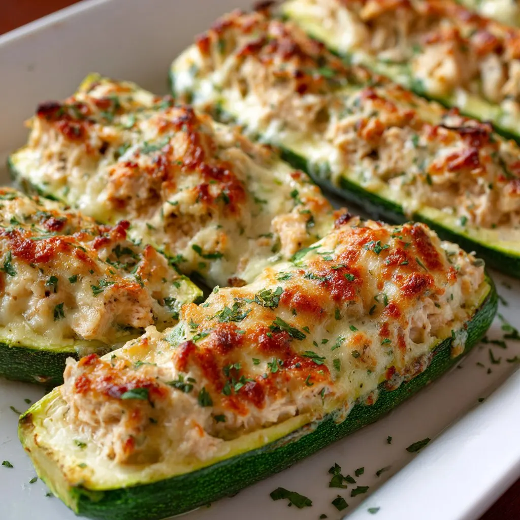 Zucchini Boats Stuffed with Cheese & Chicken