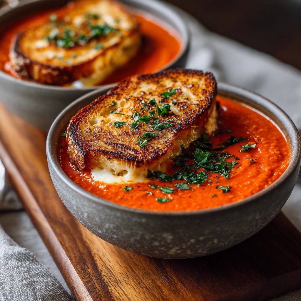 Chunky Tomato Soup with Grilled Cheese Twist