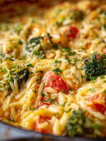 One Pot Broccoli Cheddar Orzo Bake