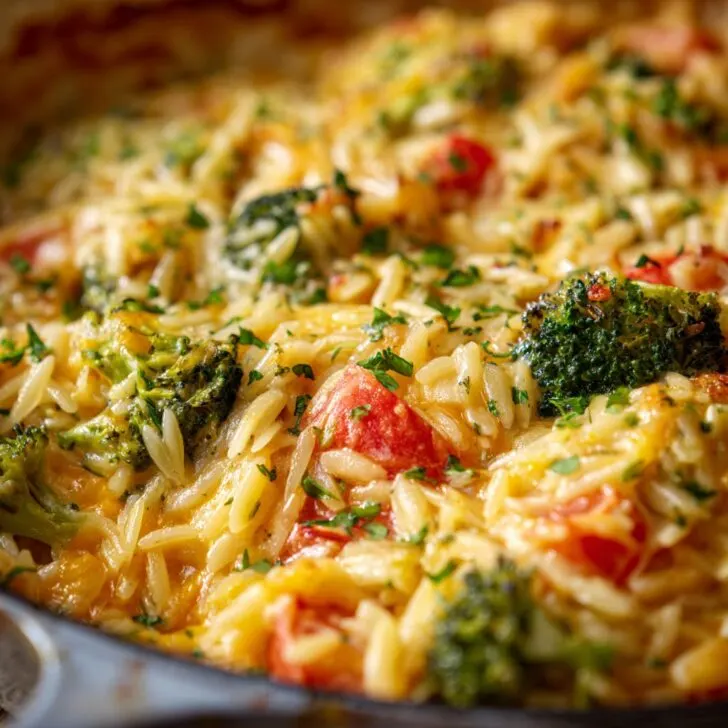 One Pot Broccoli Cheddar Orzo Bake
