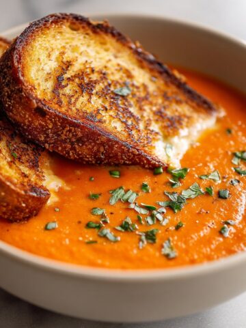 Creamy Tomato Basil Soup with Grilled Cheese