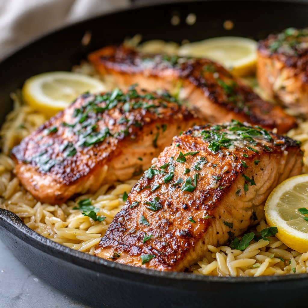 One Skillet Salmon with Lemon Garlic Orzo One Skillet Salmon with Lemon Garlic Orzo