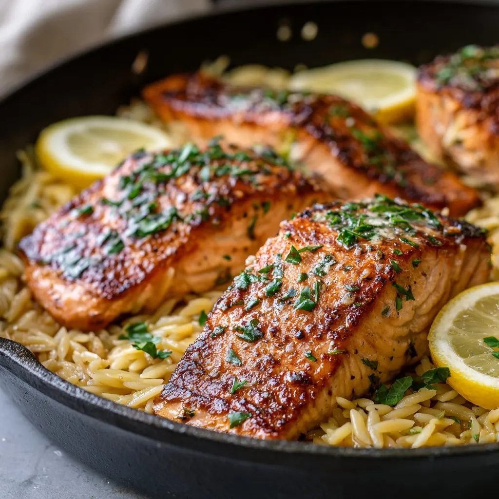 One Skillet Salmon with Lemon Garlic Orzo One Skillet Salmon with Lemon Garlic Orzo
