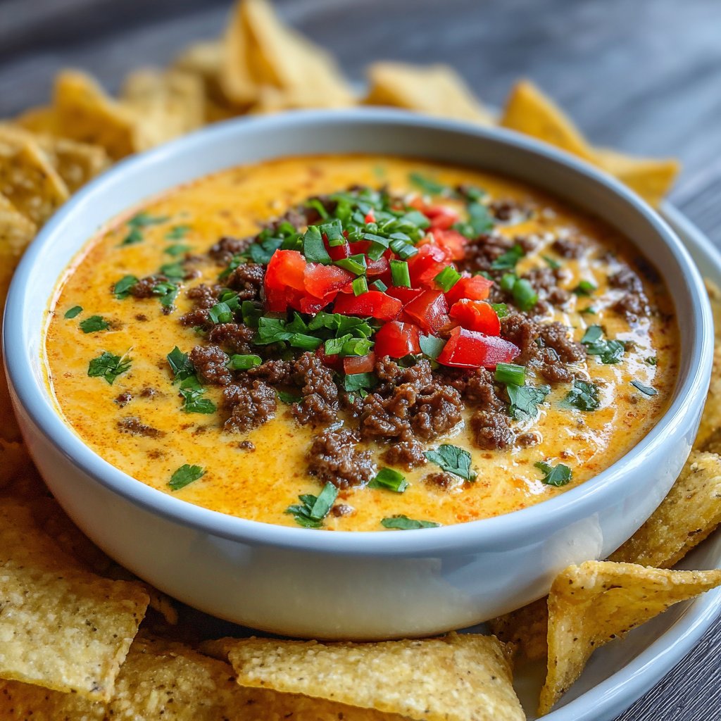 Cheesy Queso Dip with Spicy Ground Beef Cheesy Queso Dip with Spicy Ground Beef