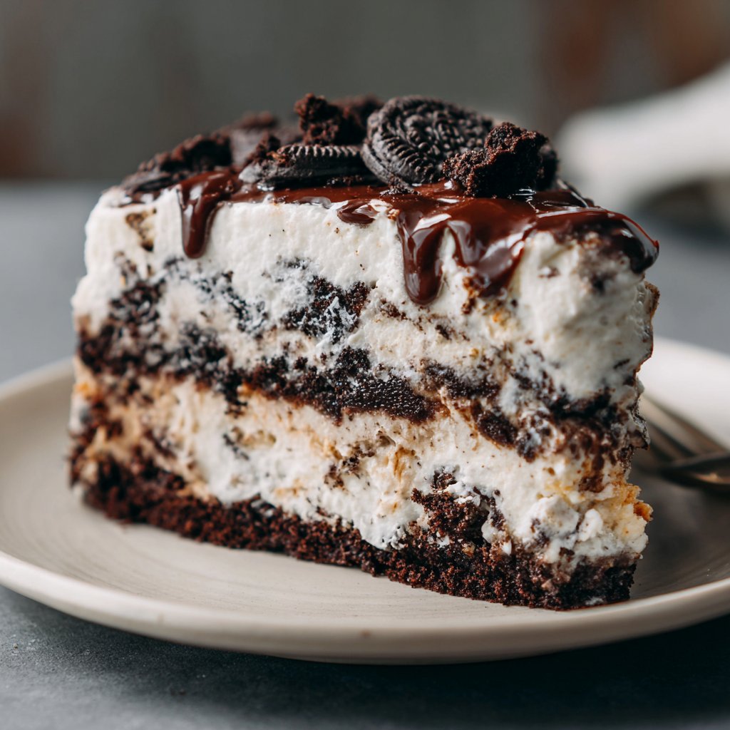 Oreo Ice Cream Cake with Layers of Fudge and Crunch Oreo Ice Cream Cake with Layers of Fudge and Crunch