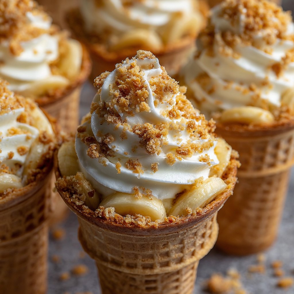 Banana Pudding Cheesecake Cones with Crunch Topping