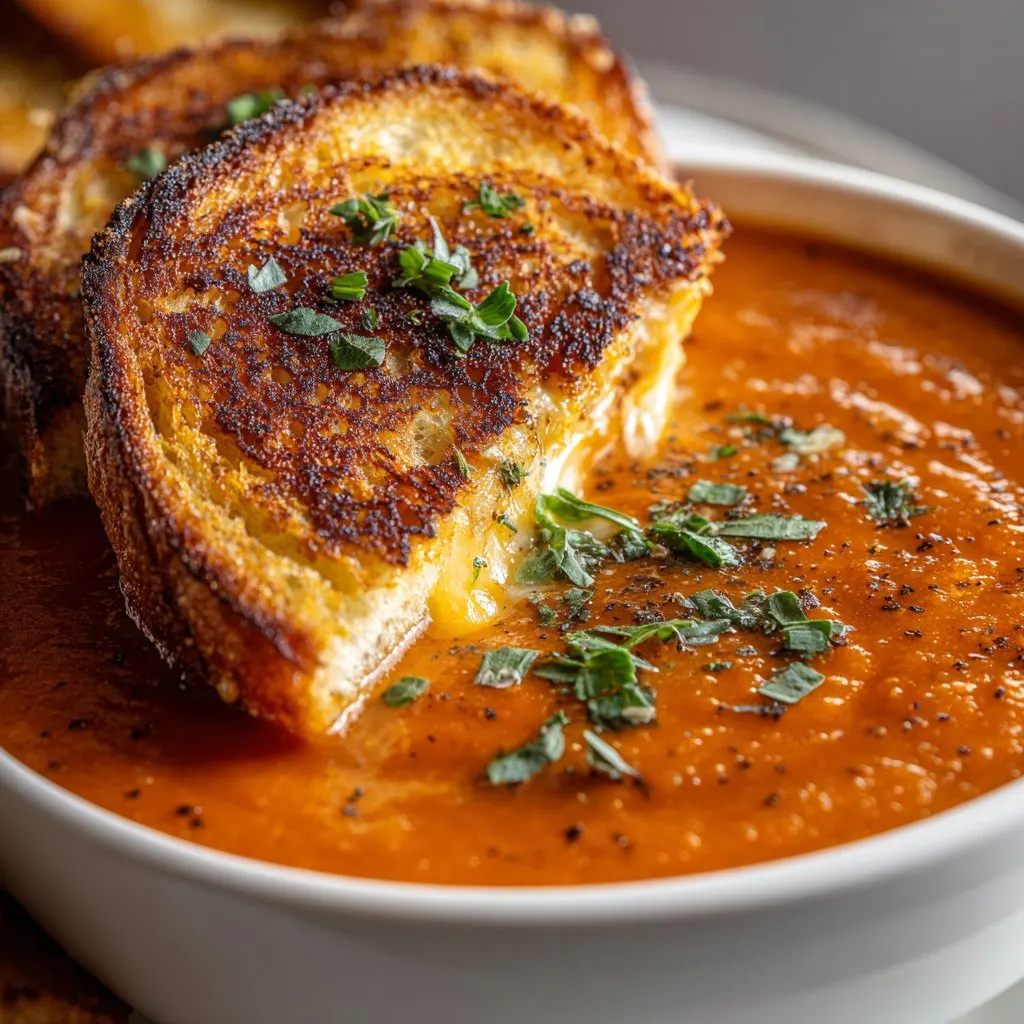 Chunky Tomato Soup with Grilled Cheese Twist