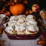apple cider fall cinnamon rolls with browned butter icing