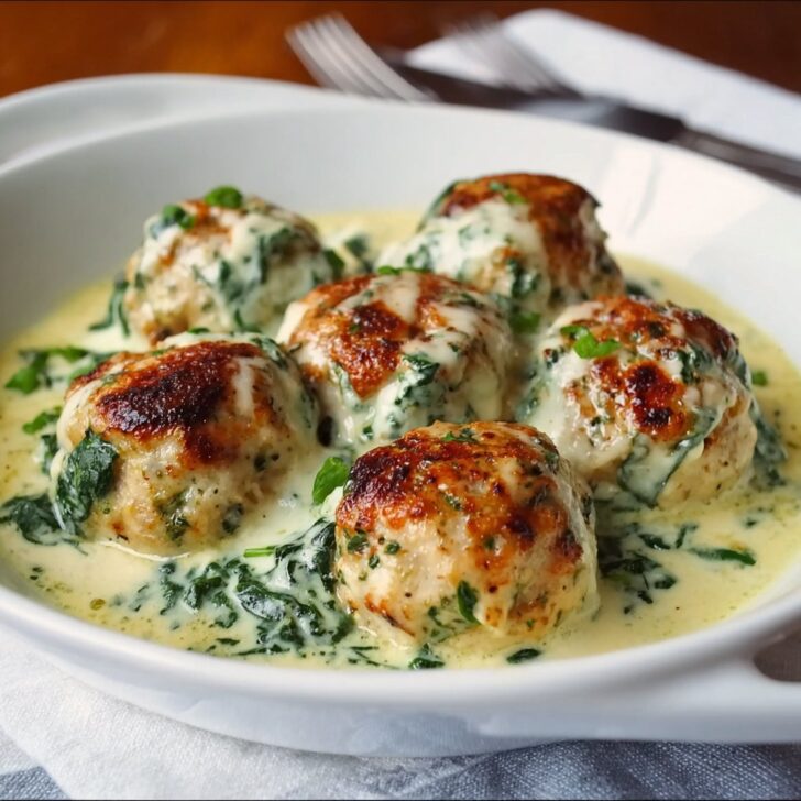 Baked Chicken Ricotta Meatballs with Spinach Alfredo Sauce