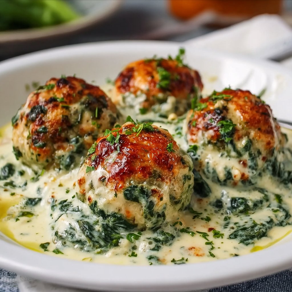 Baked Chicken Ricotta Meatballs with Spinach Alfredo Sauce