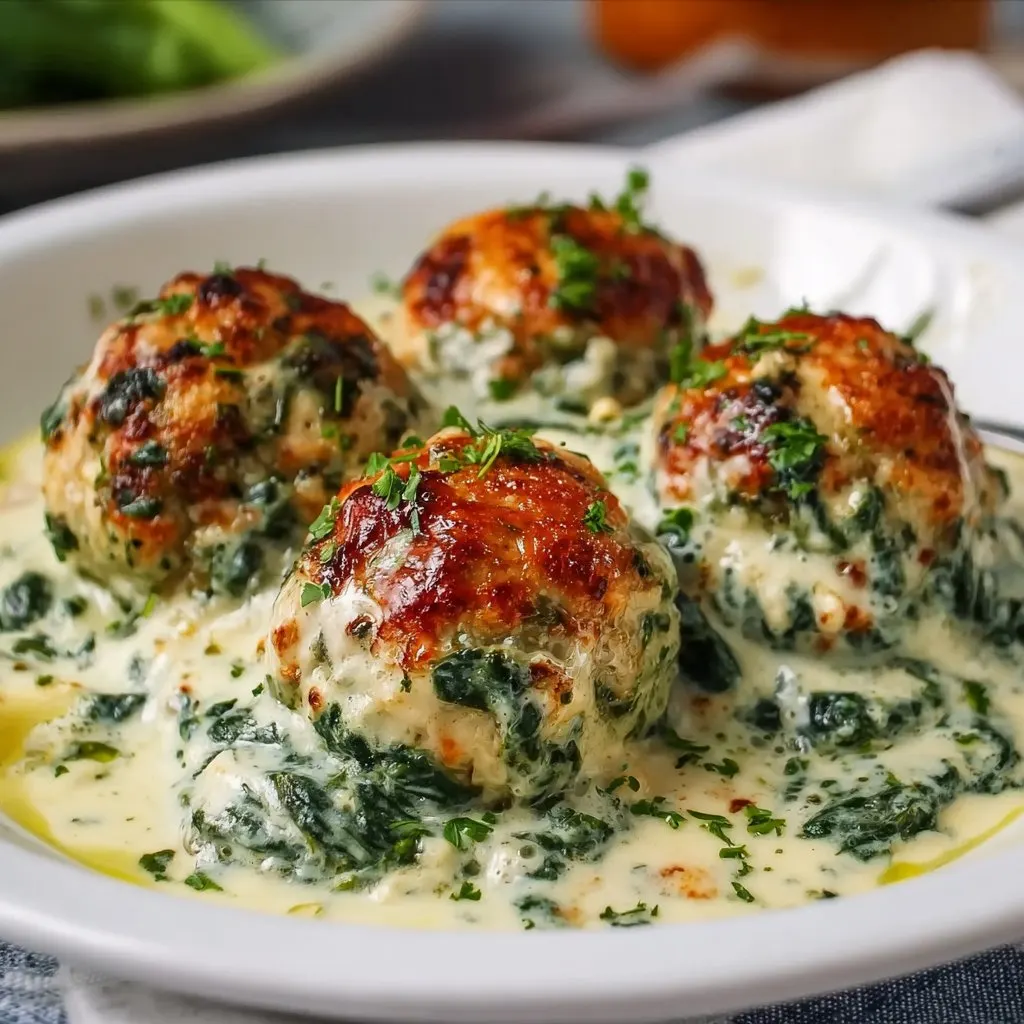 Baked Chicken Ricotta Meatballs with Spinach Alfredo Sauce Baked Chicken Ricotta Meatballs with Spinach Alfredo Sauce