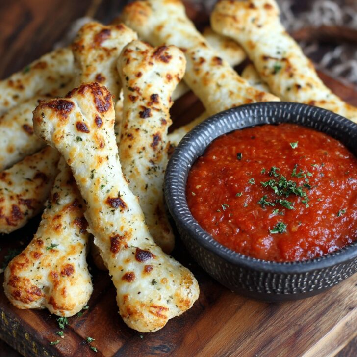 Cheesy Halloween Breadstick Bones with Marinara Blood for Dipping