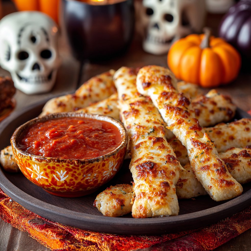 Cheesy Halloween Breadstick Bones with Marinara Blood for Dipping
