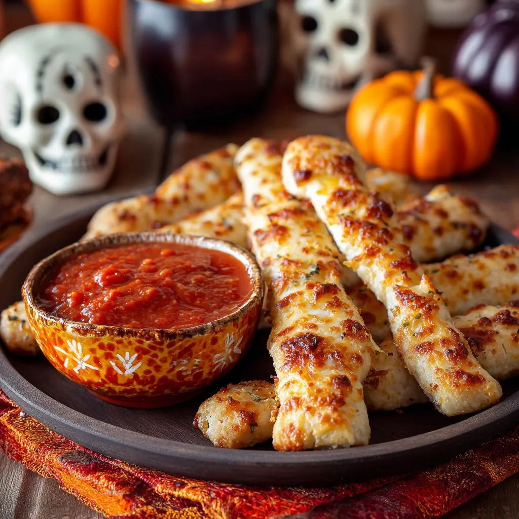 Cheesy Halloween Breadstick Bones with Marinara Blood for Dipping