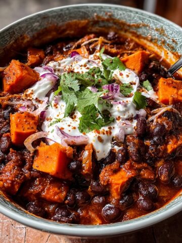 Chipotle Black Bean And Sweet Potato Chili with Coriander Yogurt