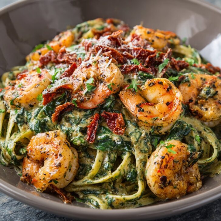 creamy sun-dried tomato shrimp with spinach pasta