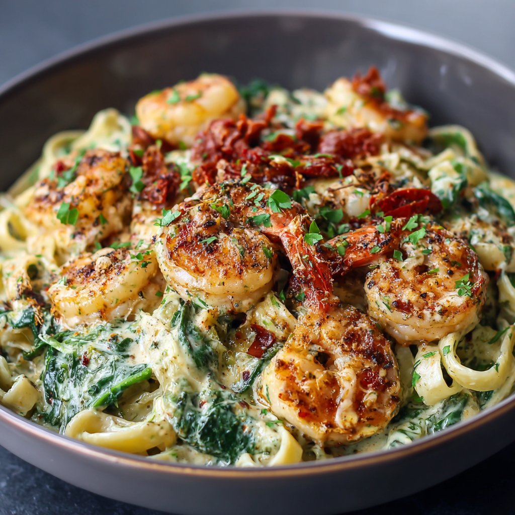 creamy sun-dried tomato shrimp with spinach pasta