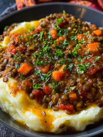 Lentil Stew Over Mashed Potatoes