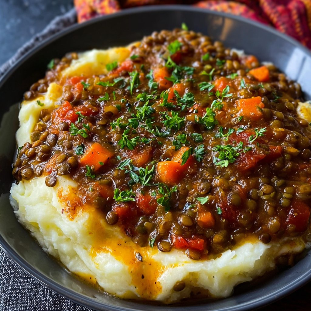 Lentil Stew Over Mashed Potatoes
