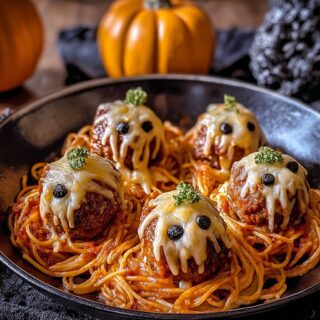 spooky halloween spaghetti and cheese stuffed meatballs