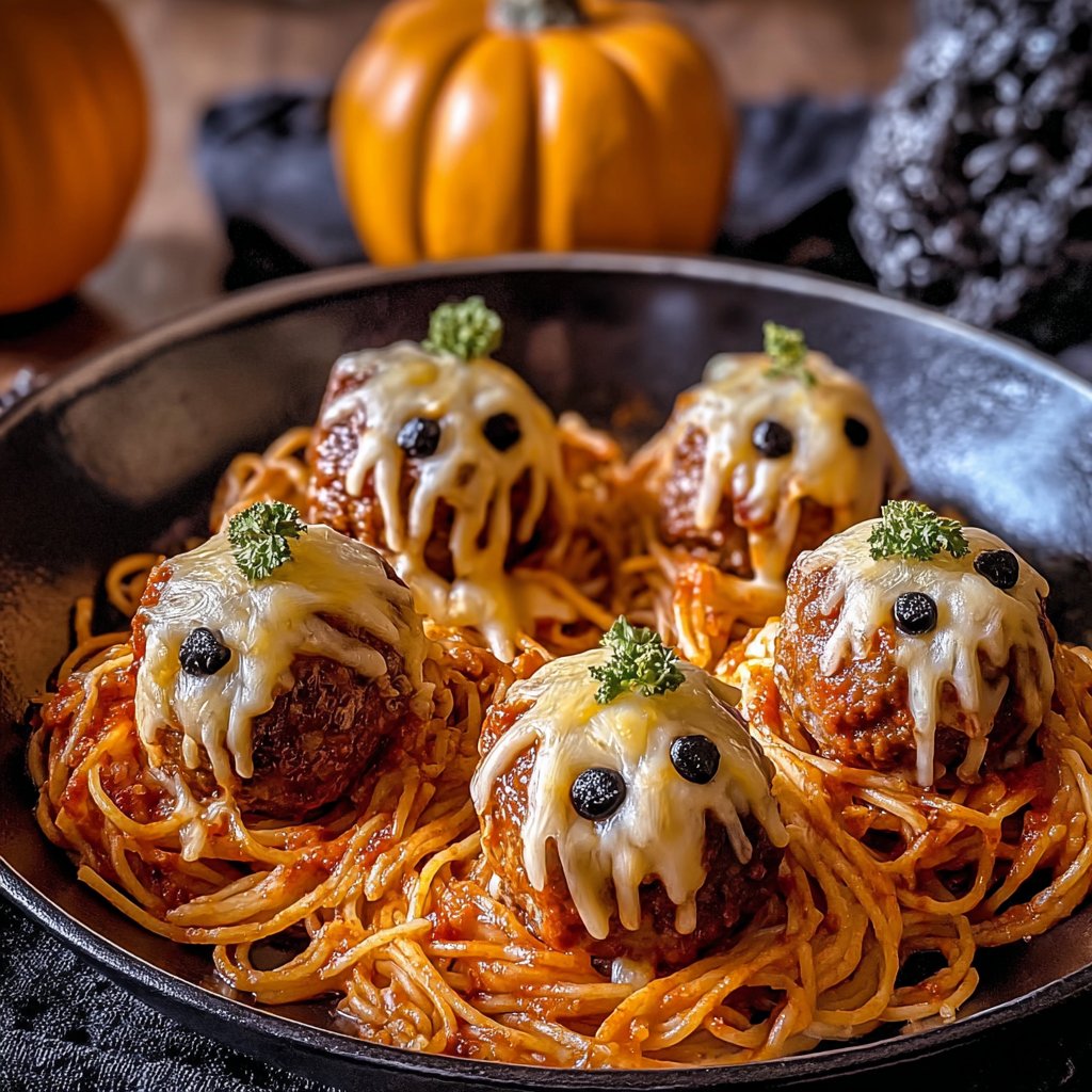 Spooky Halloween Spaghetti and Cheese Stuffed Meatballs
