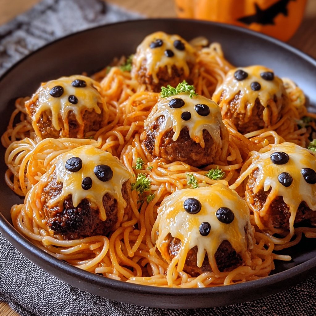 Spooky Halloween Spaghetti and Cheese Stuffed Meatballs Spooky Halloween Spaghetti and Cheese Stuffed Meatballs